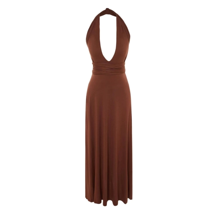 Fashion Regular Beach Daily Jersey Knitted V Neck Strappy Sleeve Shift Maxi Length Dress