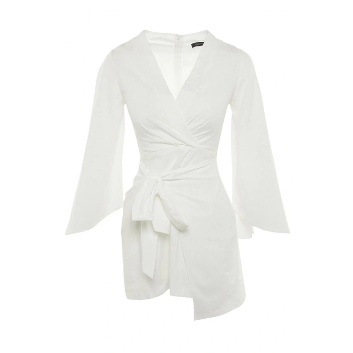 Fashion Regular Beach Daily Flamed Cotton Woven V Neck Long Sleeve Shift Mini Length Dress