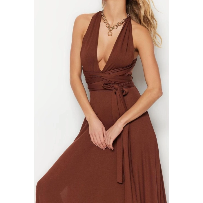 Fashion Regular Beach Daily Jersey Knitted V Neck Strappy Sleeve Shift Maxi Length Dress