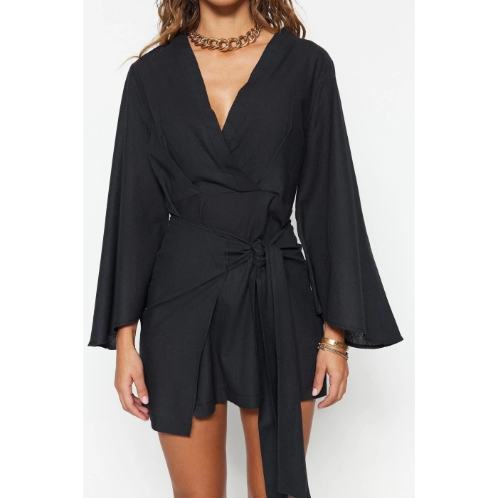 Fashion Regular Beach Daily Flamed Cotton Woven V Neck Long Sleeve Shift Mini Length Dress