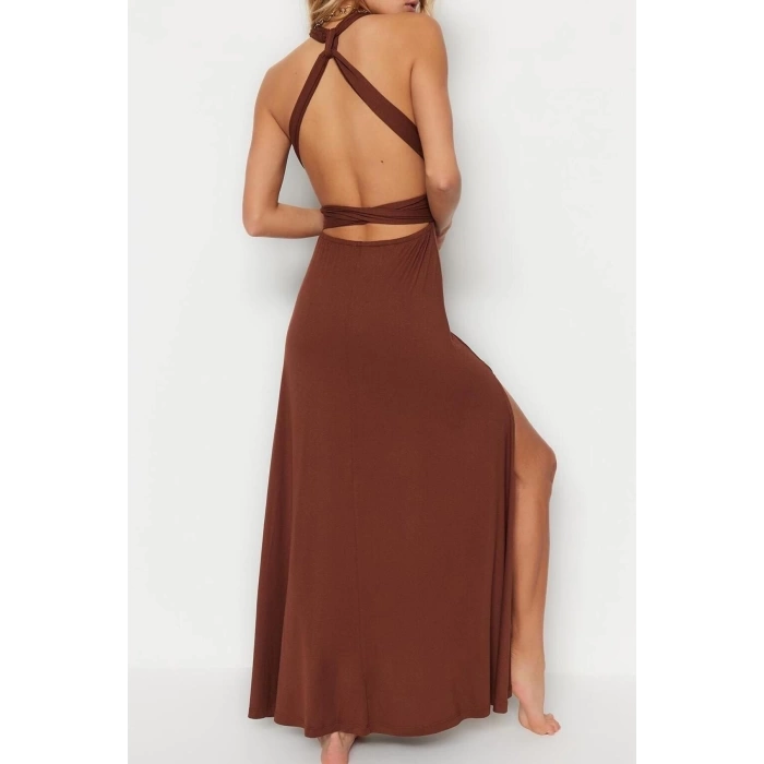 Fashion Regular Beach Daily Jersey Knitted V Neck Strappy Sleeve Shift Maxi Length Dress