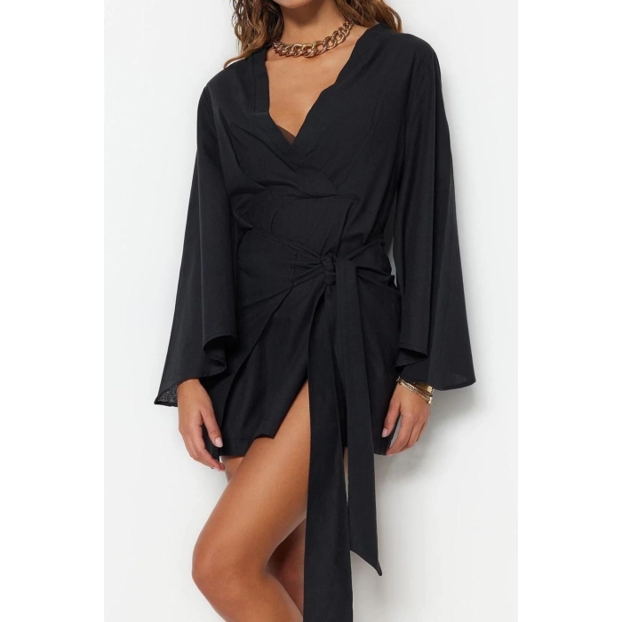 Fashion Regular Beach Daily Flamed Cotton Woven V Neck Long Sleeve Shift Mini Length Dress