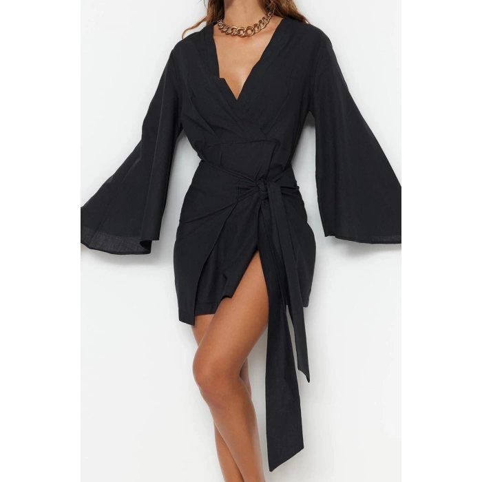Fashion Regular Beach Daily Flamed Cotton Woven V Neck Long Sleeve Shift Mini Length Dress