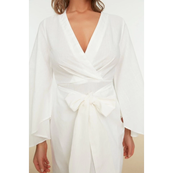 Fashion Regular Beach Daily Flamed Cotton Woven V Neck Long Sleeve Shift Mini Length Dress