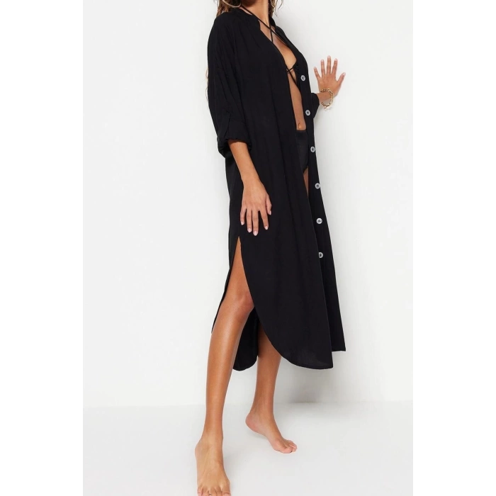 Fashion Casual Beach Casual Shally Woven V Neck Long Sleeve Shirt Dress Maxi Length Dress