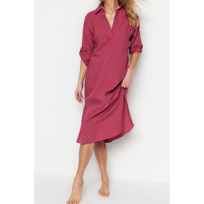 Fashion Casual Beach Casual Poplin Woven Crew Neck Long Sleeve Basic Maxi Length Dress