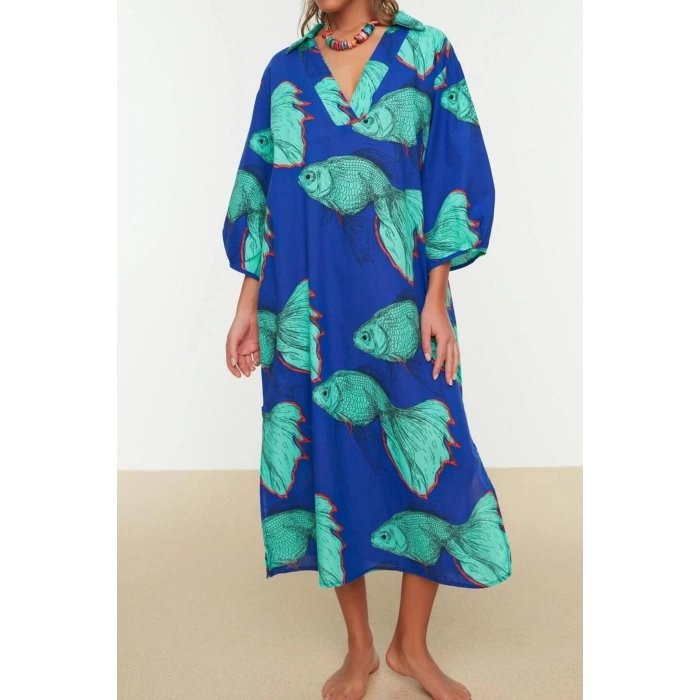 Fashion Regular Beach Casual Voile Woven V Neck Three Quarter Sleeve Shift Maxi Length Dress