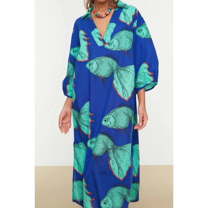 Fashion Regular Beach Casual Voile Woven V Neck Three Quarter Sleeve Shift Maxi Length Dress