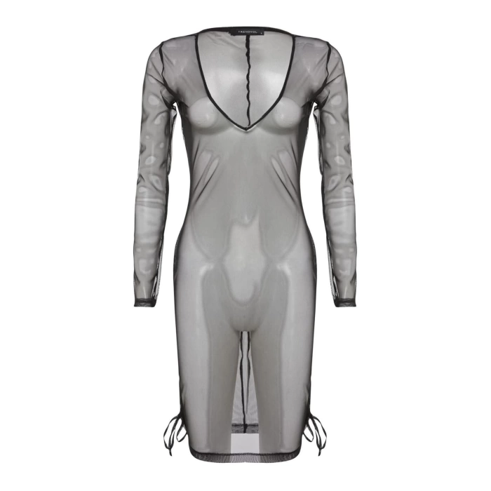 Fashion Regular Beach Casual Mesh Woven Crew Neck Long Sleeve Shift Mini Length Dress