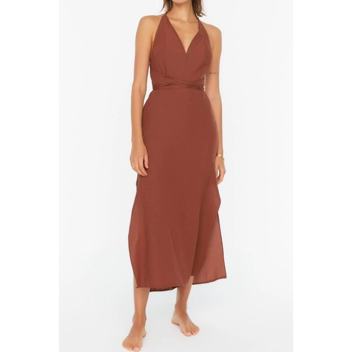 Fashion Regular Beach Casual Crinkle Woven V Neck Strappy Sleeve Shift Mini Length Dress