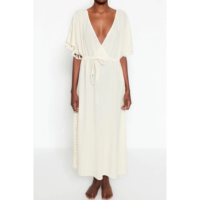 Fashion Regular Beach Casual Voile Woven V Neck Short Sleeve Shift Maxi Length Dress