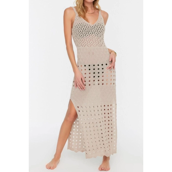 Moda Regular Beach Casual Knitwear Look Knitwear V Neck Strappy Sleeve A-Line Maxi Length Dress