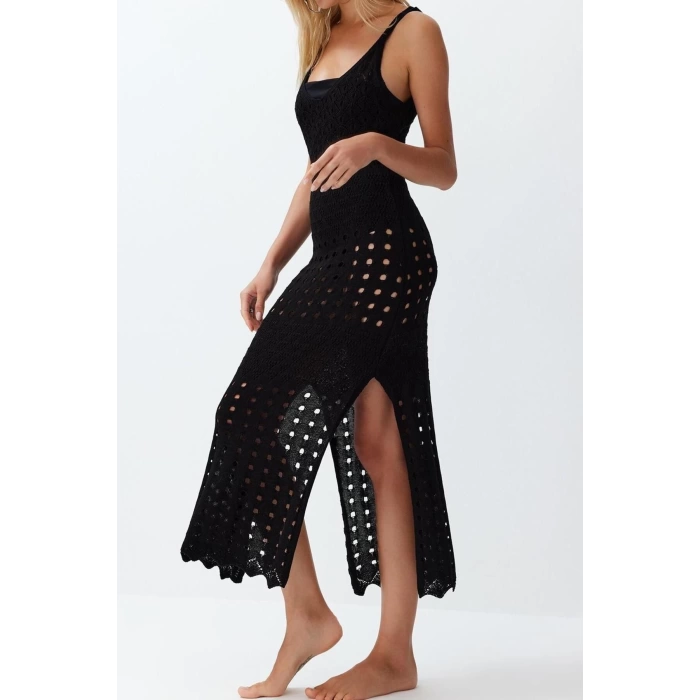 Moda Regular Beach Casual Knitwear Look Knitwear V Neck Strappy Sleeve A-Line Maxi Length Dress