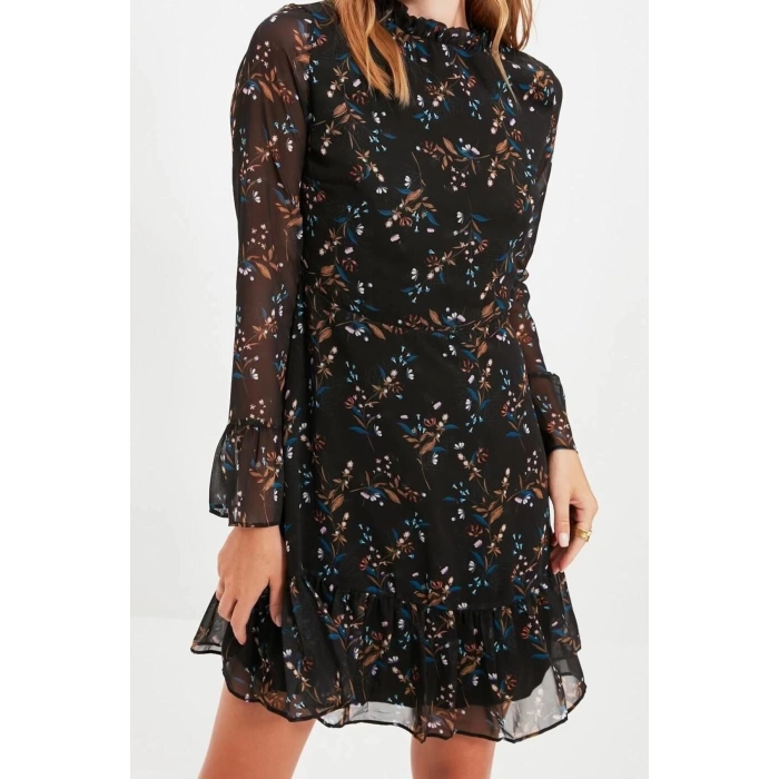 Moda Regular Day Night Chiffon Woven Stand Collar Long Sleeve A-Line Mini Length Dress