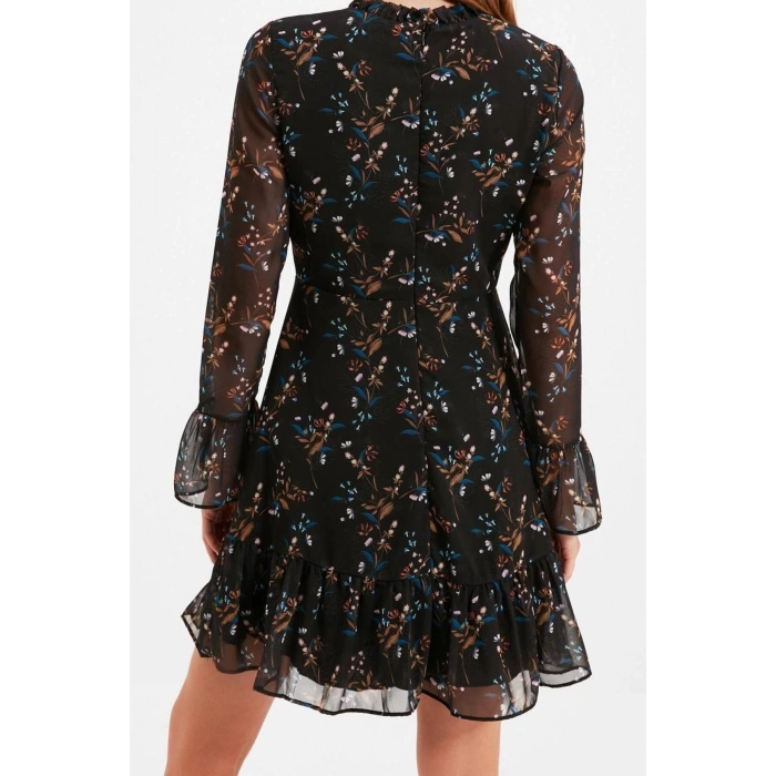 Moda Regular Day Night Chiffon Woven Stand Collar Long Sleeve A-Line Mini Length Dress