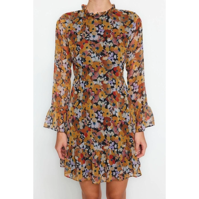 Moda Regular Day Night Chiffon Woven Stand Collar Long Sleeve A-Line Mini Length Dress