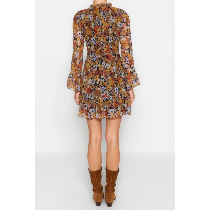 Moda Regular Day Night Chiffon Woven Stand Collar Long Sleeve A-Line Mini Length Dress