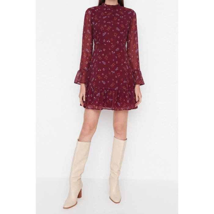Moda Regular Day Night Chiffon Woven Stand Collar Long Sleeve A-Line Mini Length Dress