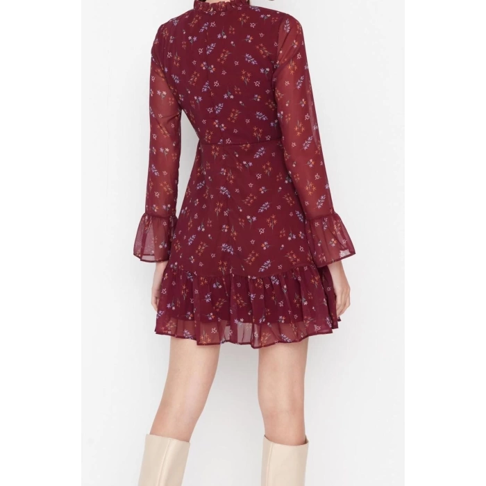 Moda Regular Day Night Chiffon Woven Stand Collar Long Sleeve A-Line Mini Length Dress