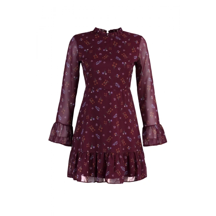 Moda Regular Day Night Chiffon Woven Stand Collar Long Sleeve A-Line Mini Length Dress