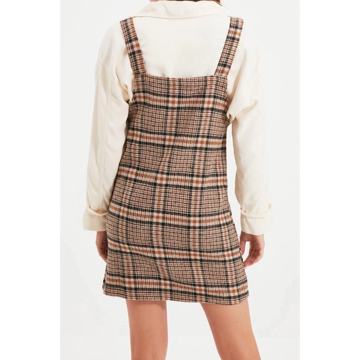 Fashion Fit Casual Daily Flannel Woven Square Collar Strappy Sleeve Vest Mini Length Dress