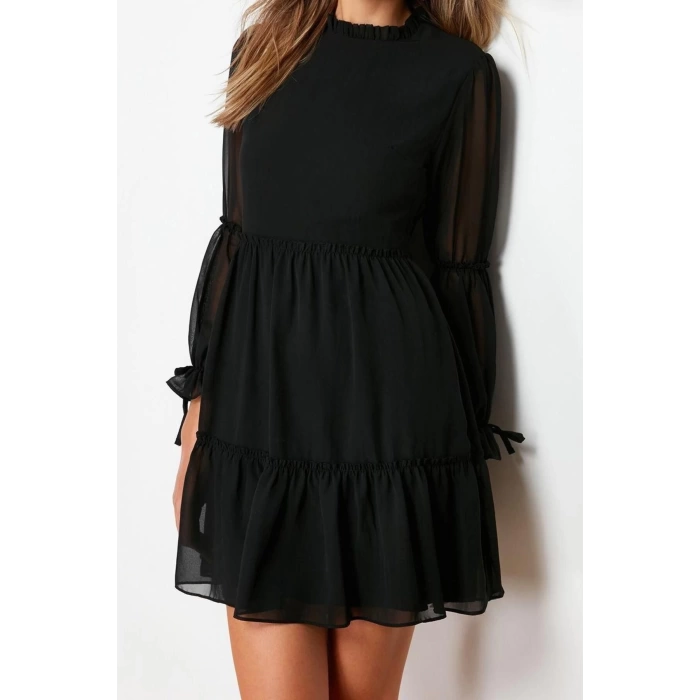 Fashion Regular Day Night Chiffon Woven Stand Collar Long Sleeve Skater Mini Length Dress