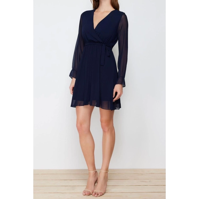 Fashion Fit Day Night Chiffon Woven Double Breasted Long Sleeve Skater Mini Length Dress