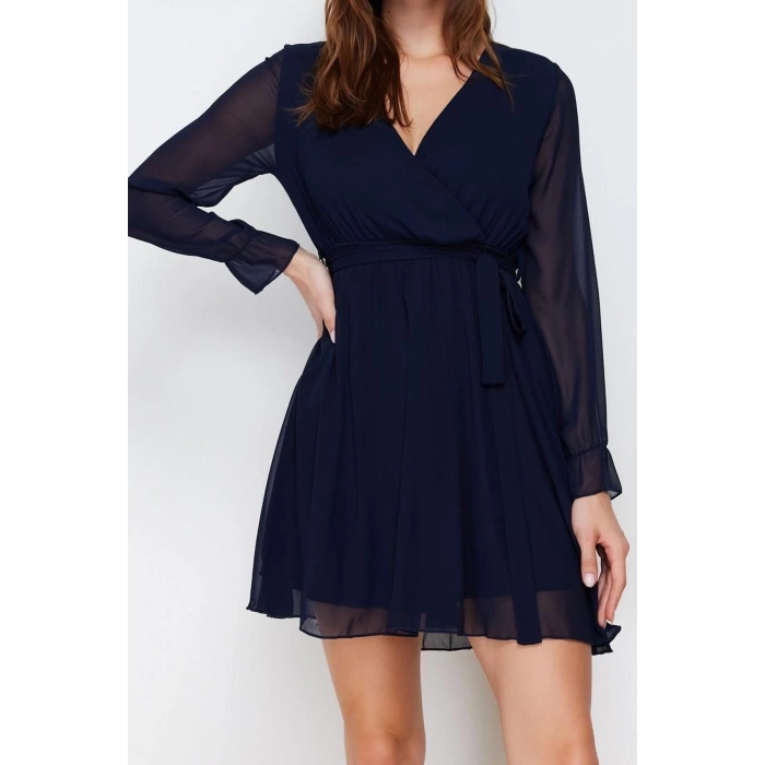 Fashion Fit Day Night Chiffon Woven Double Breasted Long Sleeve Skater Mini Length Dress