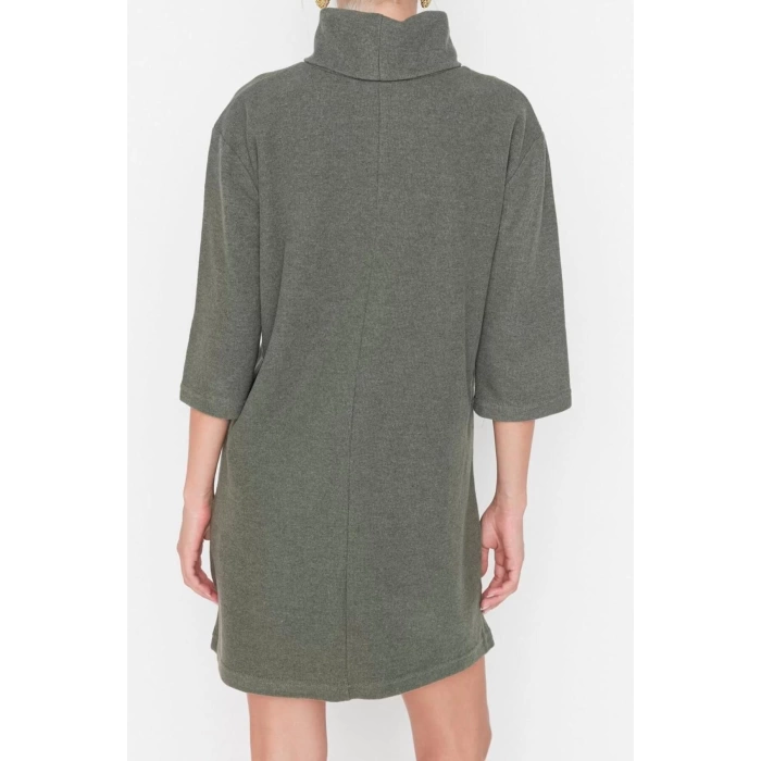 Fashion Comfortable Casual Daily Selanik Knitted Turtleneck Three Quarter Sleeve Shift Mini Length Dress