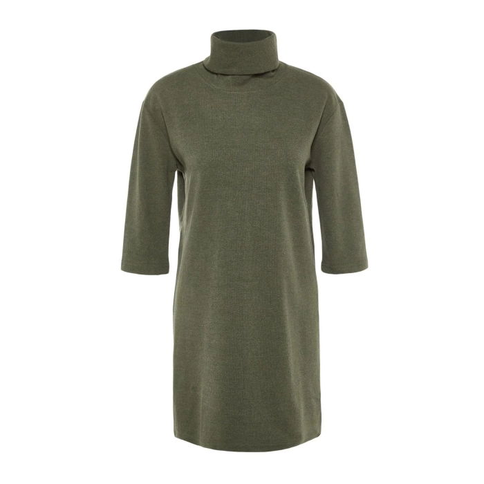 Fashion Comfortable Casual Daily Selanik Knitted Turtleneck Three Quarter Sleeve Shift Mini Length Dress