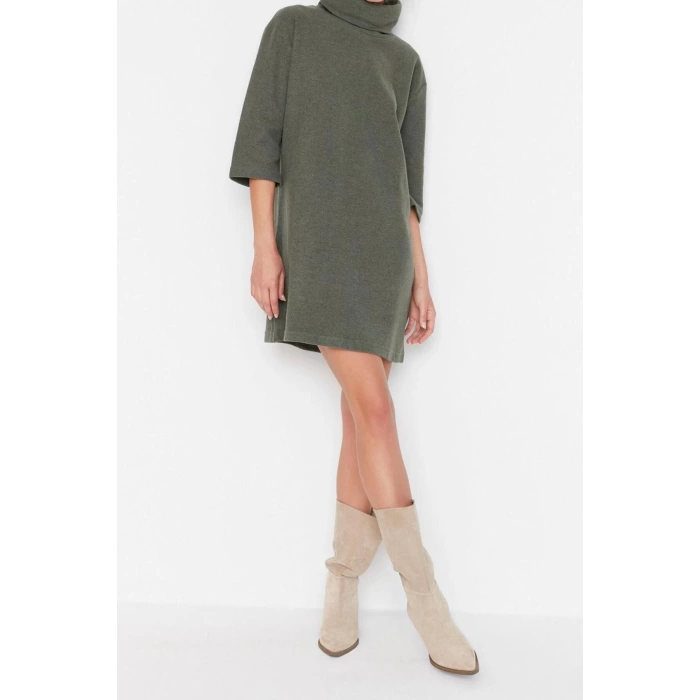 Fashion Comfortable Casual Daily Selanik Knitted Turtleneck Three Quarter Sleeve Shift Mini Length Dress
