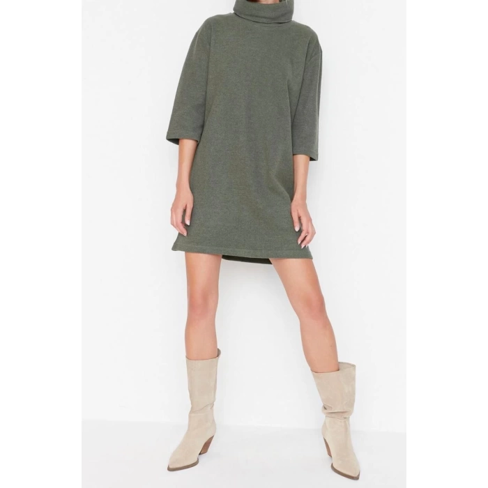 Fashion Comfortable Casual Daily Selanik Knitted Turtleneck Three Quarter Sleeve Shift Mini Length Dress