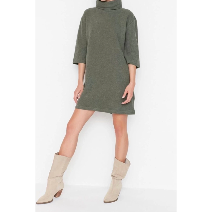 Fashion Comfortable Casual Daily Selanik Knitted Turtleneck Three Quarter Sleeve Shift Mini Length Dress