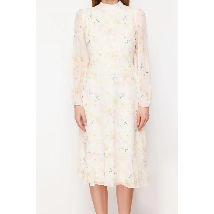 Moda Regular Day Night Chiffon Woven Stand Collar Long Sleeve A-Line Midi Length Dress