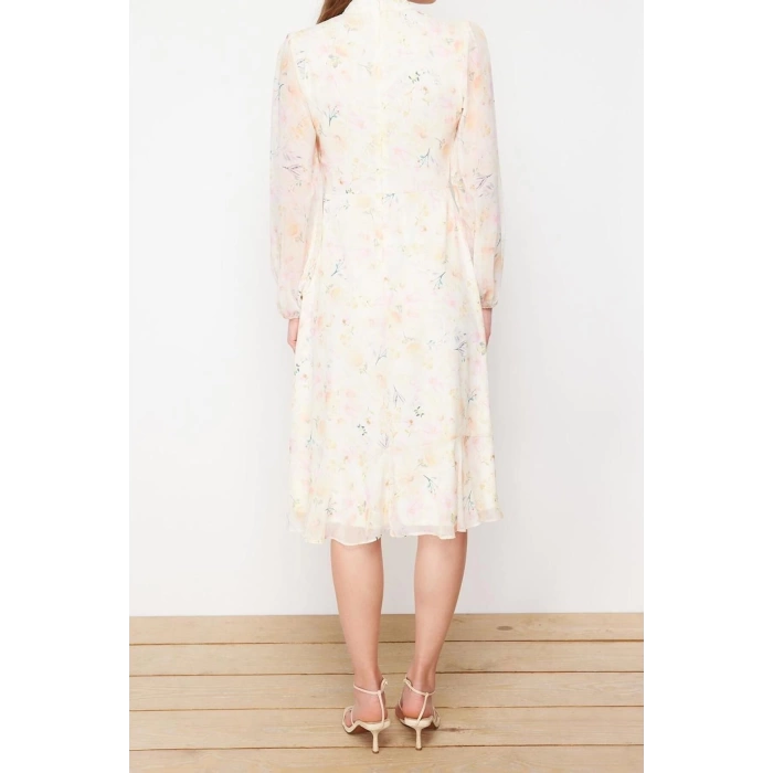 Moda Regular Day Night Chiffon Woven Stand Collar Long Sleeve A-Line Midi Length Dress