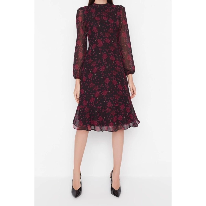 Moda Regular Day Night Chiffon Woven Stand Collar Long Sleeve A-Line Midi Length Dress