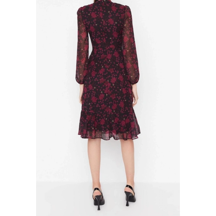Moda Regular Day Night Chiffon Woven Stand Collar Long Sleeve A-Line Midi Length Dress