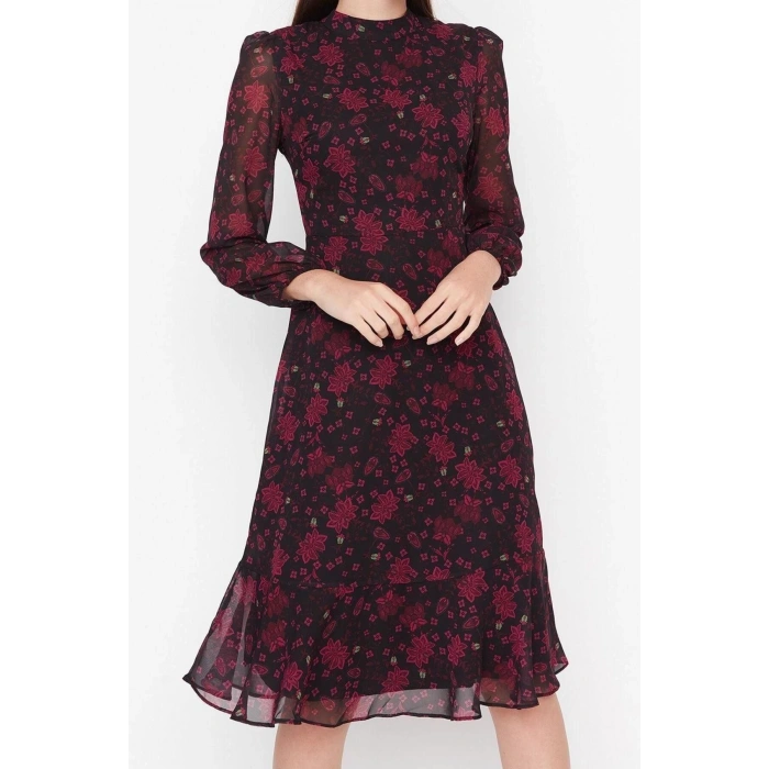 Moda Regular Day Night Chiffon Woven Stand Collar Long Sleeve A-Line Midi Length Dress