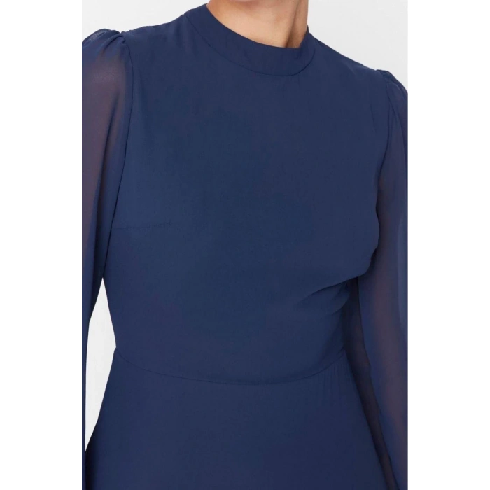Moda Regular Day Night Chiffon Woven Stand Collar Long Sleeve A-Line Midi Length Dress