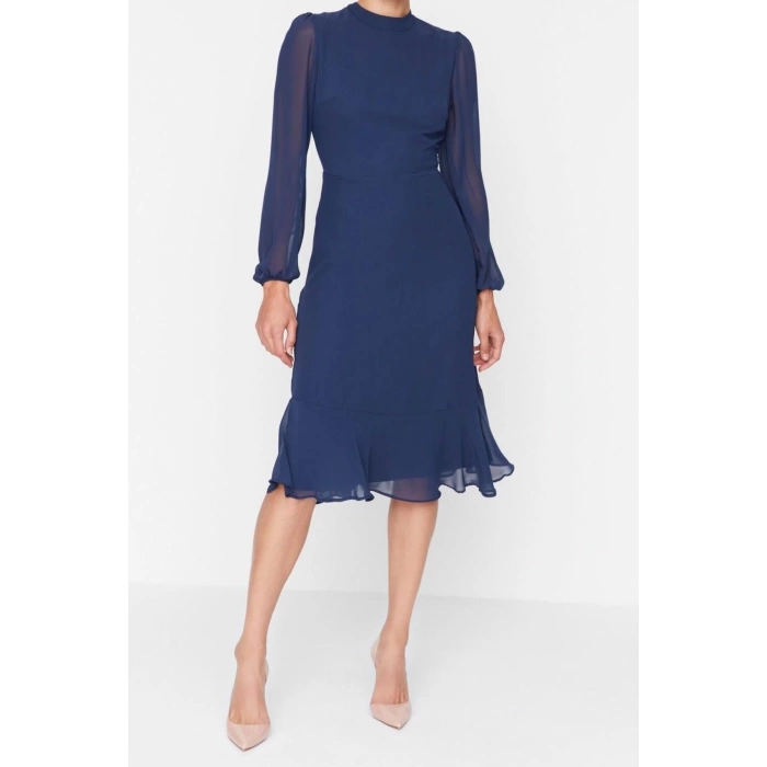 Moda Regular Day Night Chiffon Woven Stand Collar Long Sleeve A-Line Midi Length Dress