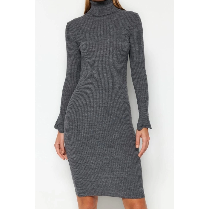 Fashion Slim Casual Daily Ribbed Knitwear Turtleneck Long Sleeve Bodycon Mini Length Dress
