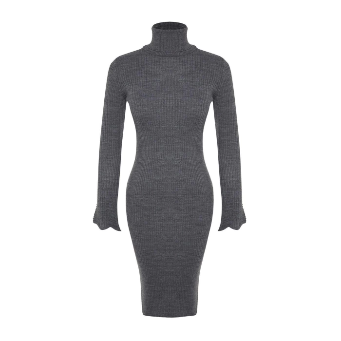 Fashion Slim Casual Daily Ribbed Knitwear Turtleneck Long Sleeve Bodycon Mini Length Dress