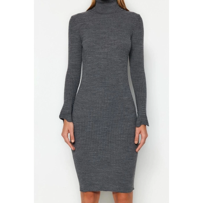 Fashion Slim Casual Daily Ribbed Knitwear Turtleneck Long Sleeve Bodycon Mini Length Dress