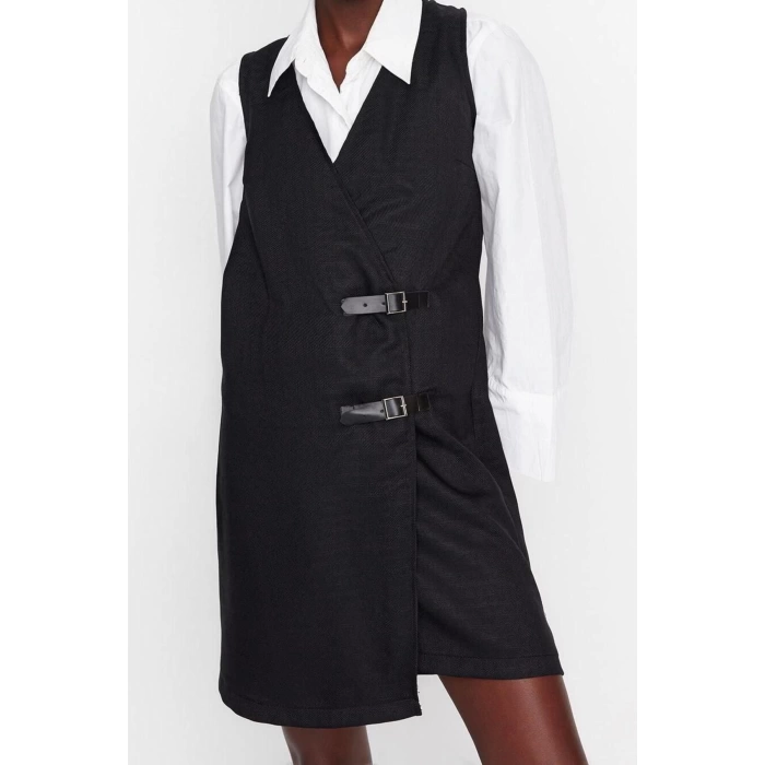 Moda Regular Business Flannel Woven Double Breasted Sleeveless Vest Mini Length Dress
