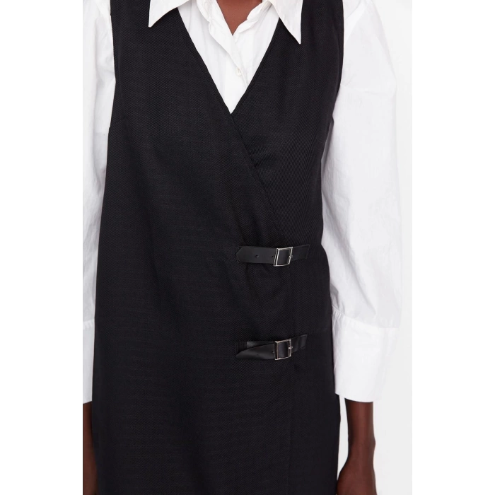 Moda Regular Business Flannel Woven Double Breasted Sleeveless Vest Mini Length Dress
