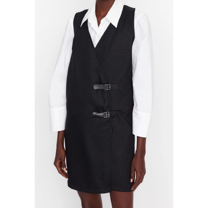 Moda Regular Business Flannel Woven Double Breasted Sleeveless Vest Mini Length Dress