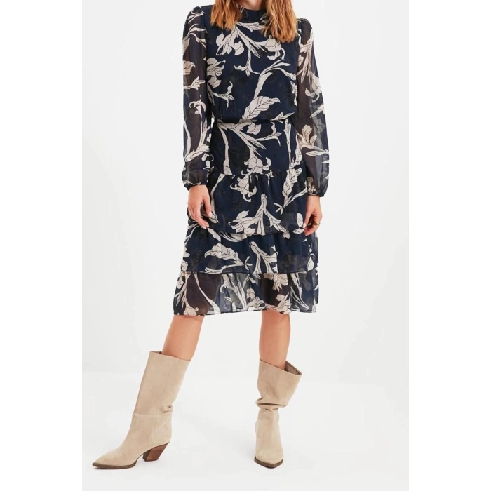 Moda Regular Day Night Chiffon Woven Stand Collar Long Sleeve Skater Midi Length Dress