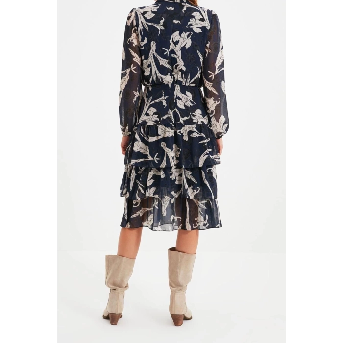 Moda Regular Day Night Chiffon Woven Stand Collar Long Sleeve Skater Midi Length Dress