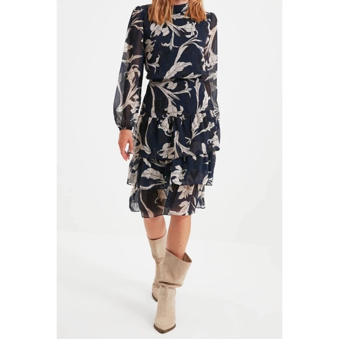 Moda Regular Day Night Chiffon Woven Stand Collar Long Sleeve Skater Midi Length Dress