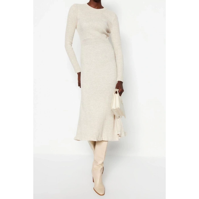 Fashion Slim Casual Daily Single Plate Knitwear Crew Neck Long Sleeve Bodycon Midi Length Dress